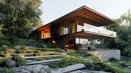 A side view of a contemporary hillside house with a sloped roof, large glass panels, and a side...