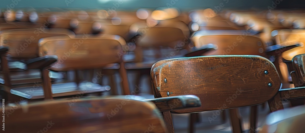 Poster Blurry background in school featuring vintage wooden lecture chairs for an educational theme with empty space for text or images. Copy space image. Place for adding text and design