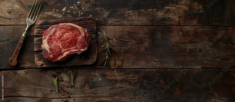 Fototapete Rustic background featuring a top view of a second-course table setting with a raw ribeye steak and copy space image for text.