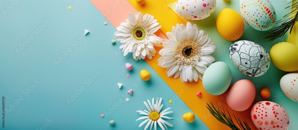 Fototapete Easter decorations arranged on a colorful background with Easter eggs in a flat lay top view for a banner with copy space image.