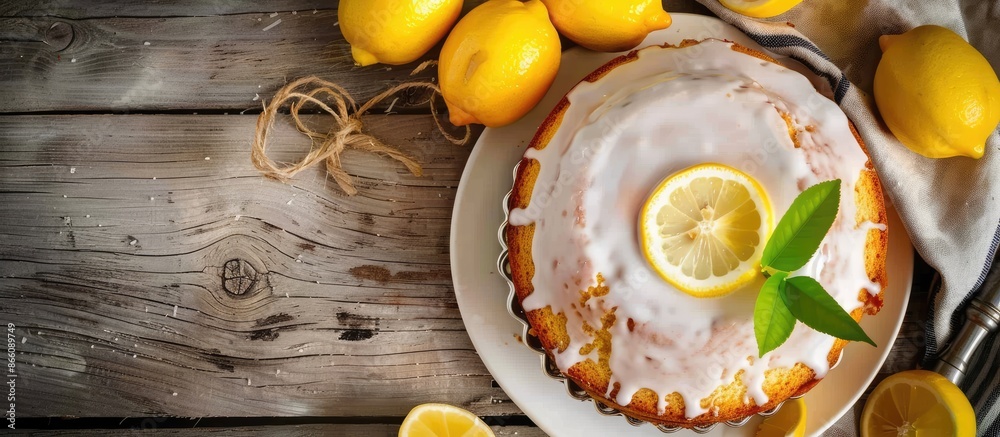 Poster top view of a delicious lemon cake with glaze on a wooden table with a copy space image available fo