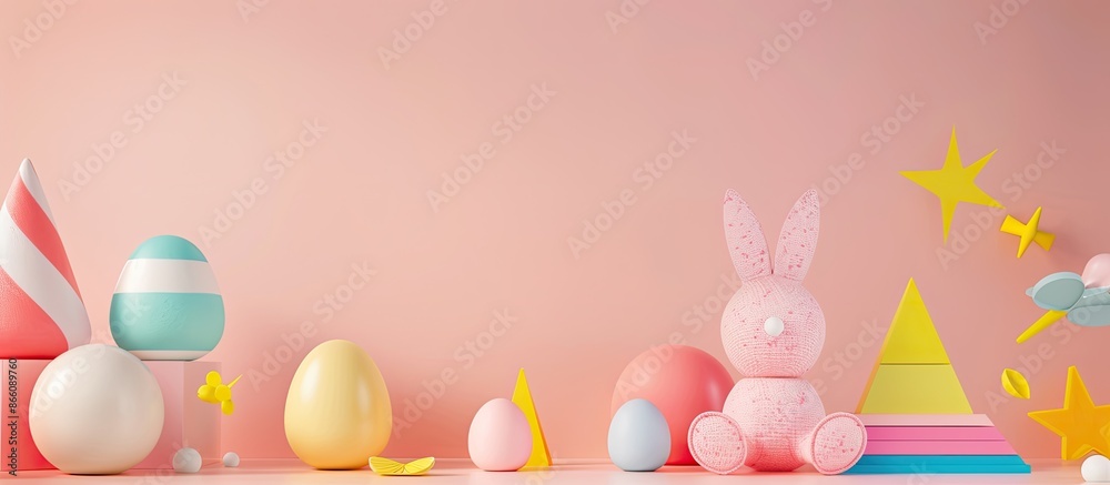 Aufkleber An abstract composition with geometric shapes using toys on a light background, suitable as an Easter or baby-themed banner with elements for design and a spot for text, featuring minimalism and copy