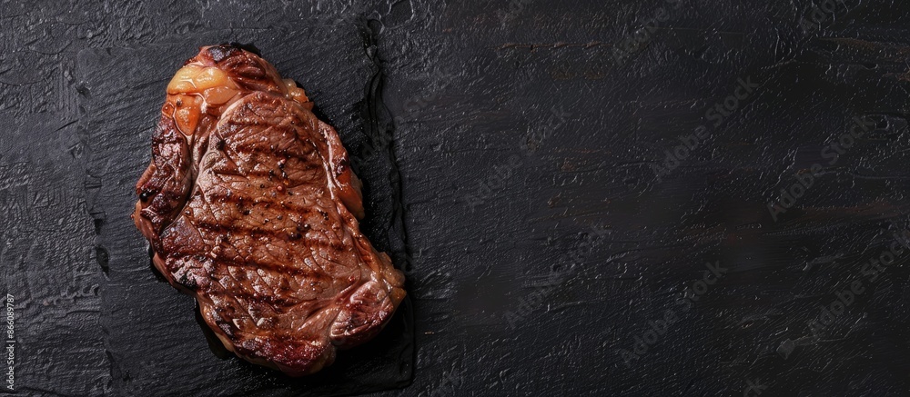 Aufkleber Top view of a grilled beef steak on a black stone table with enough space for additional content in the image.