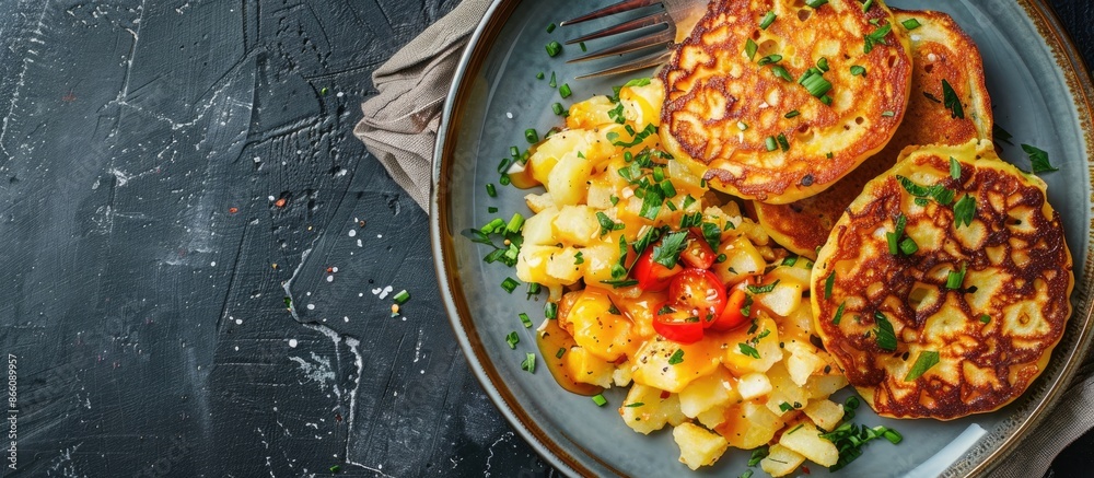 Aufkleber Overhead view of potato pancakes and hash browns on a plate with copy space image.
