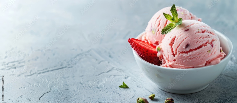 Poster Delicious scoop of strawberry and pistachio ice cream with copy space image.