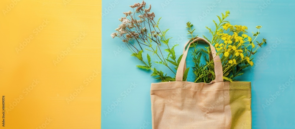 Poster Eco-friendly shopping bag placed on colorful backdrop for zero waste concept. Top view with spacious copy space image.