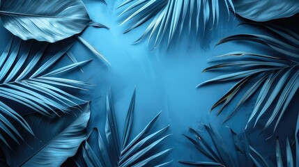 Tropical background of palm leaves in classic blue hue with copy space