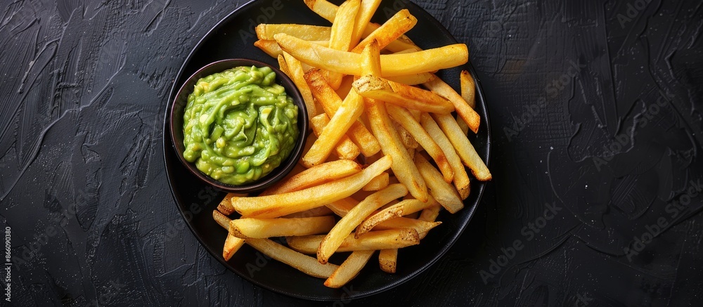Poster top-down view of a plate with french fries and avocado dip on a black table with room for text in th
