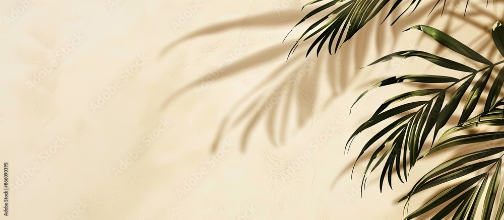 Fototapete a serene beach-themed mockup featuring palm leaves on a soft beige backdrop, designed in monochrome 