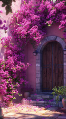 Cascading bougainvillea in shades of vibrant magenta and purple, intertwined with delicate jasmine flowers against a backdrop of a Mediterranean-inspired landscape.
