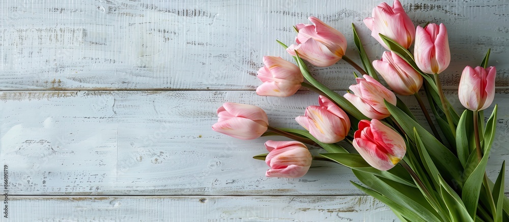 Leinwandbilder a spring-themed mother's day greeting card featuring a bunch of charming pink tulips on a rustic whi