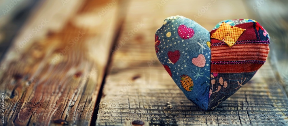 Aufkleber valentine's day concept with a colorful fabric heart displayed on a wooden table, giving a warm and 