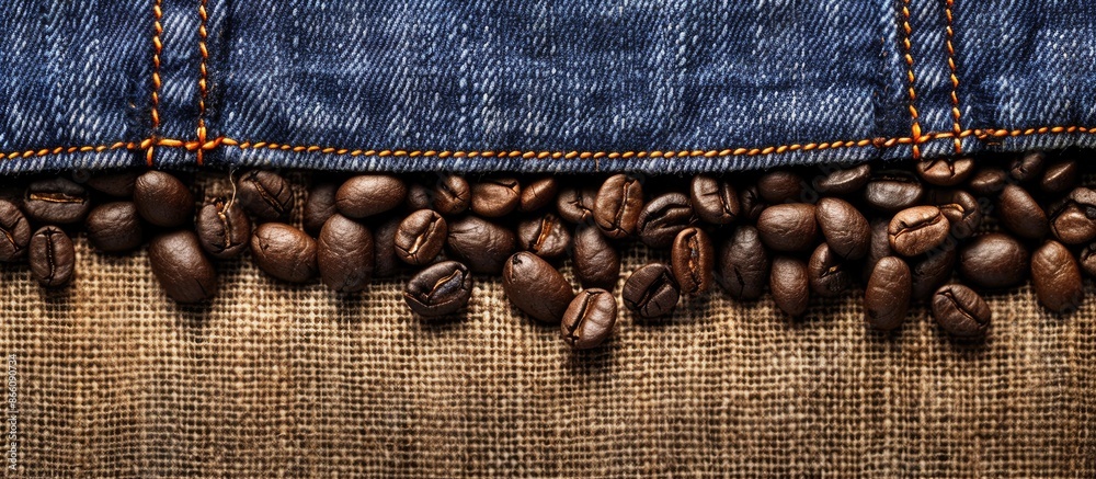 Aufkleber background featuring coffee beans and denim with copy space image.