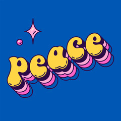 Surreal groovy lettering Peace on blue background.