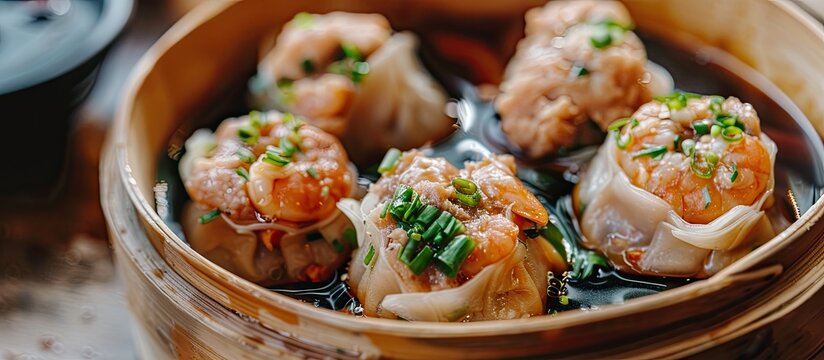 Detailed close-up image showcasing Bawan (Ba wan), a delectable Taiwanese street food delicacy, featuring a steamed round dumpling filled with pork, shrimp, and rich soy sauce with a copy space image.