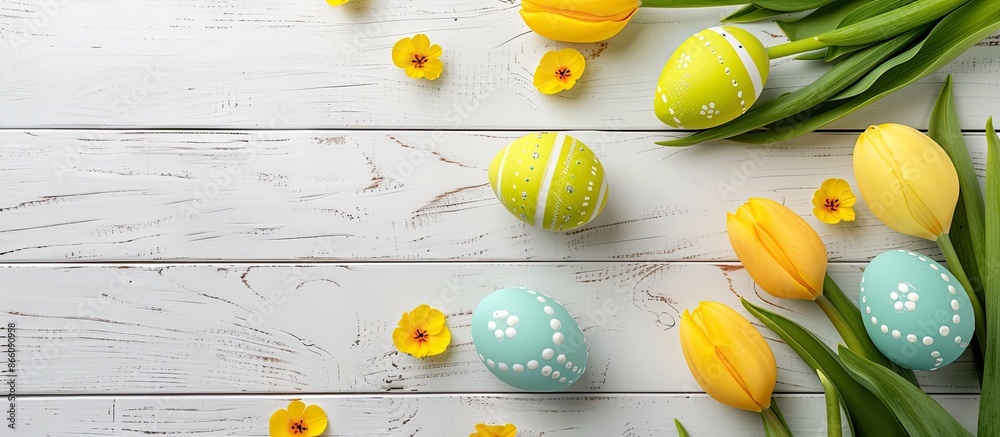 Aufkleber top view image featuring a spring-themed easter background with vibrant eggs, yellow tulips, set on 