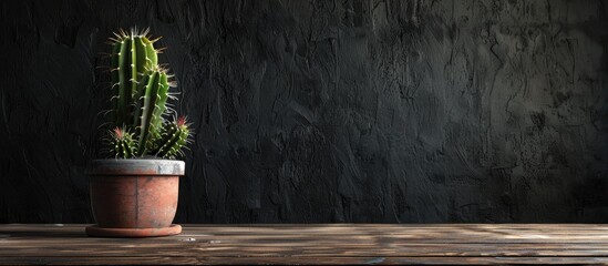 A cactus pot on a wooden table against a black wall provides a minimalist look with a clear area for adding text or images in a copy space image.