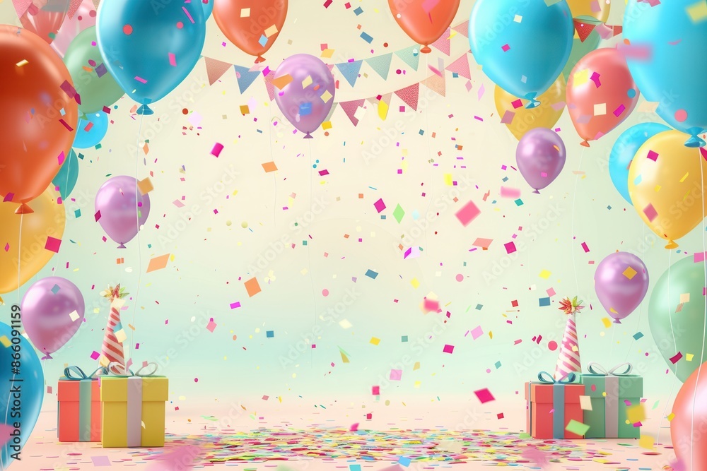 Poster a cheerful image featuring vibrant balloons, confetti, and presents in a backdrop perfect for a chil