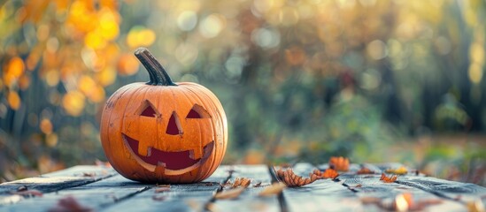 Halloween pumpkin on wooden planks with a blurred background and ample copy space image.