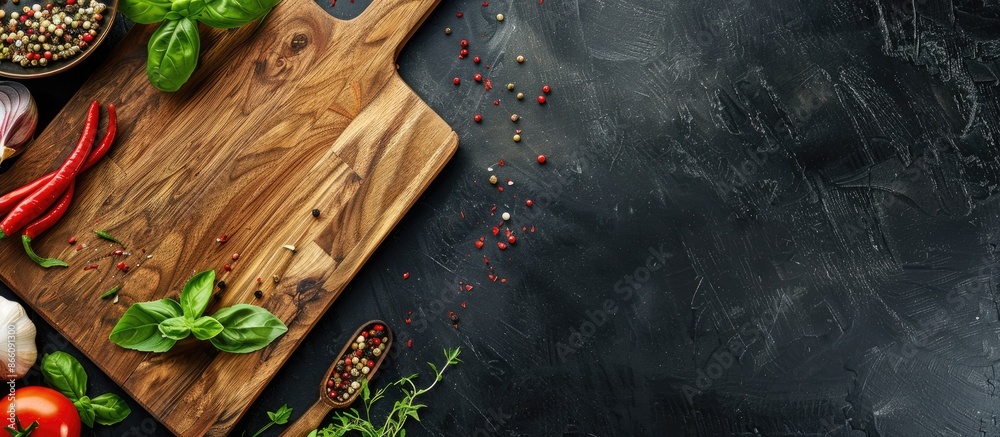 Poster Wooden cutting board and various ingredients displayed on black table in flat lay composition with copy space image.