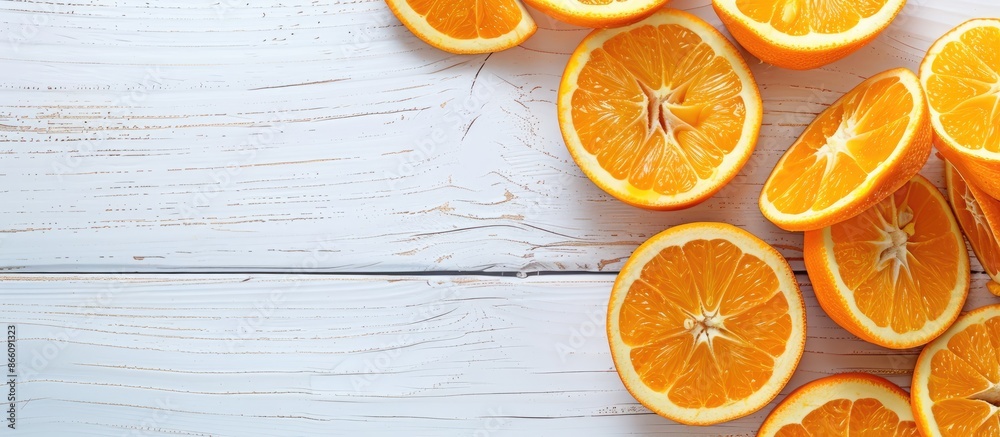 Poster Top-down view of orange slices on a white wooden table surface with ample space for adding images.