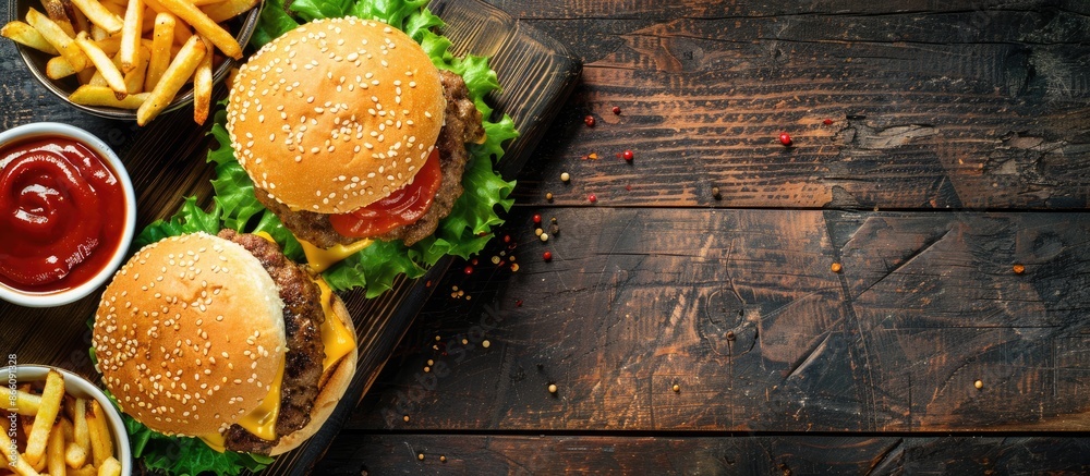 Poster a convenient and easy-to-make homemade meal featuring burgers and fries displayed on a rustic wooden