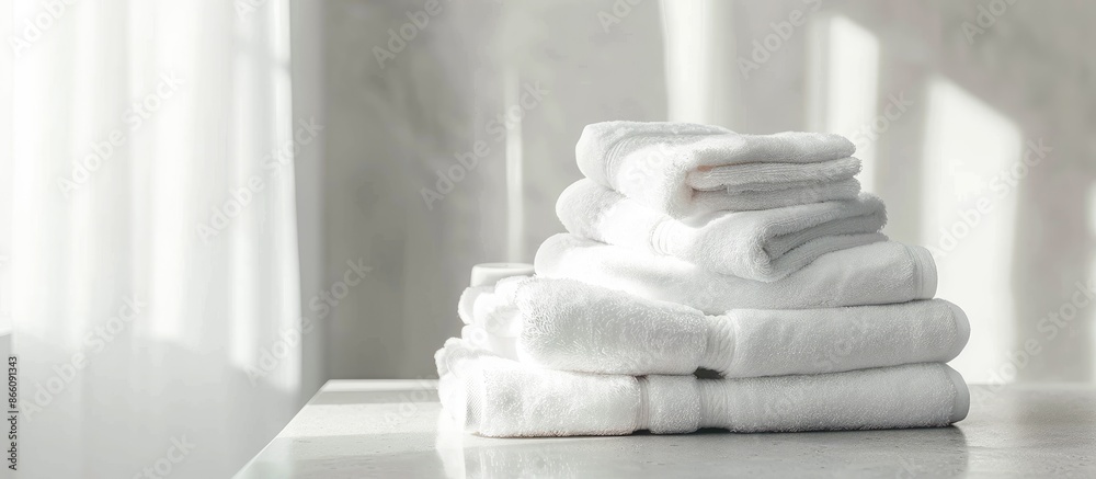 Poster copy space image with white terry towels arranged neatly on a bathroom table.
