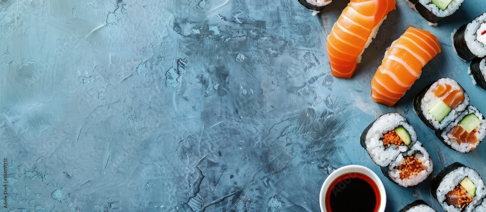 Aufkleber Sushi and maki assortment with soy sauce on a blue stone backdrop, viewed from the top with space for text or other elements. Copy space image. Place for adding text and design