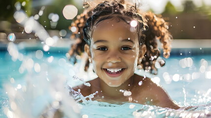 Obraz premium Joyful Child Swimming Pool Summer Splashes Sunlight Happiness