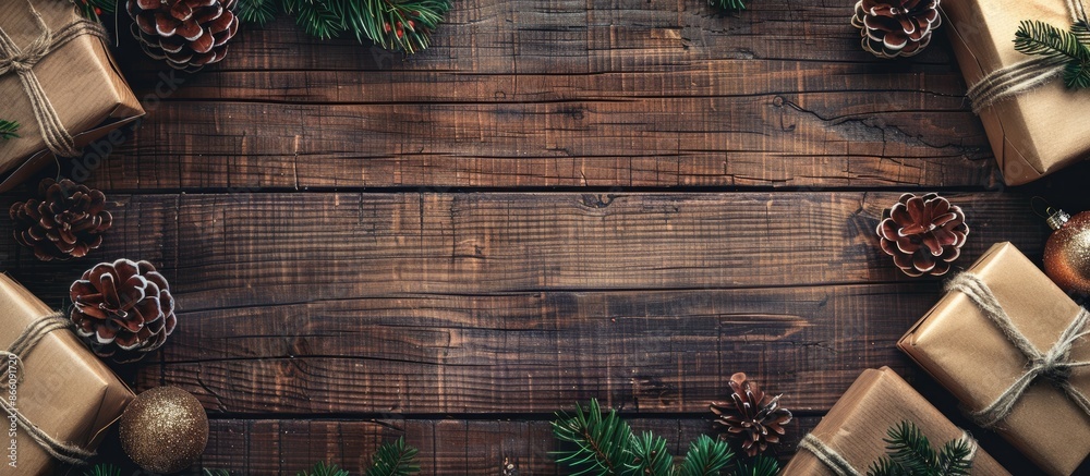 Poster christmas-themed backdrop with gift boxes, rustic decor on vintage wood. stylish top view layout wit