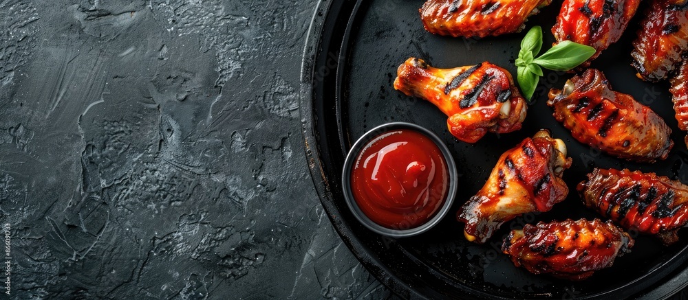 Aufkleber top-down view of grilled spicy chicken wings served on a black metal tray with ketchup, either in me