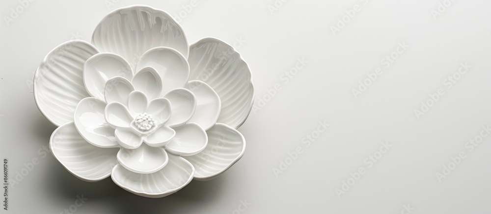 Fototapete an empty ceramic plate in the shape of a flower set against a white backdrop with a clipping path fo