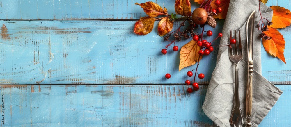 Poster thanksgiving-themed table setting with utensils, napkin, fall foliage, and berries on a light blue w