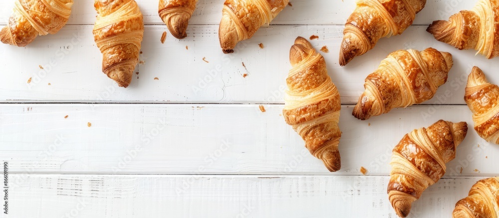 Poster top view flat lay of croissants on a white wooden surface with copy space image.