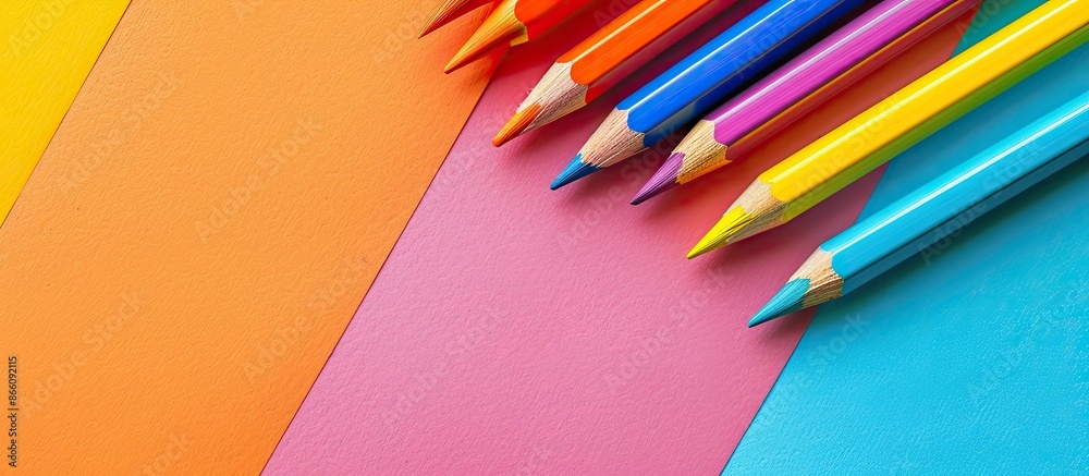 Poster colorful drawing pencils displayed on a vibrant paper background with ample copy space image.
