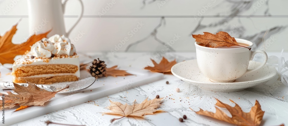 Aufkleber a scene set for fall: a cozy kitchen table with a delicious cup of tea and cake, surrounded by dried