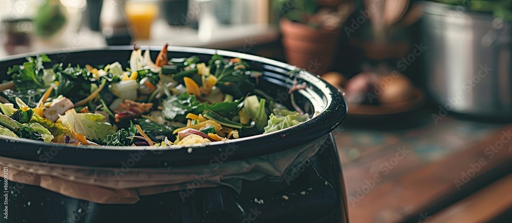 Poster detailed close-up of a kitchen counter compost bin with leftover food scraps, featuring ample copy s