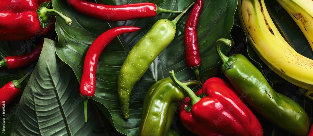 Poster Banana tree leaves serve as background for red and green peppers in a copy space image.