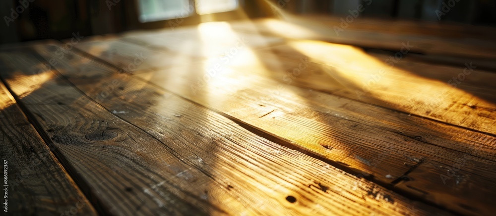 Poster sunlight streaming onto a wooden table creates a warm and inviting ambiance, with a beautiful copy s
