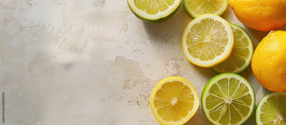 Poster fresh lemon and lime slices displayed on a light table with kitchen wooden top, creating a vibrant c