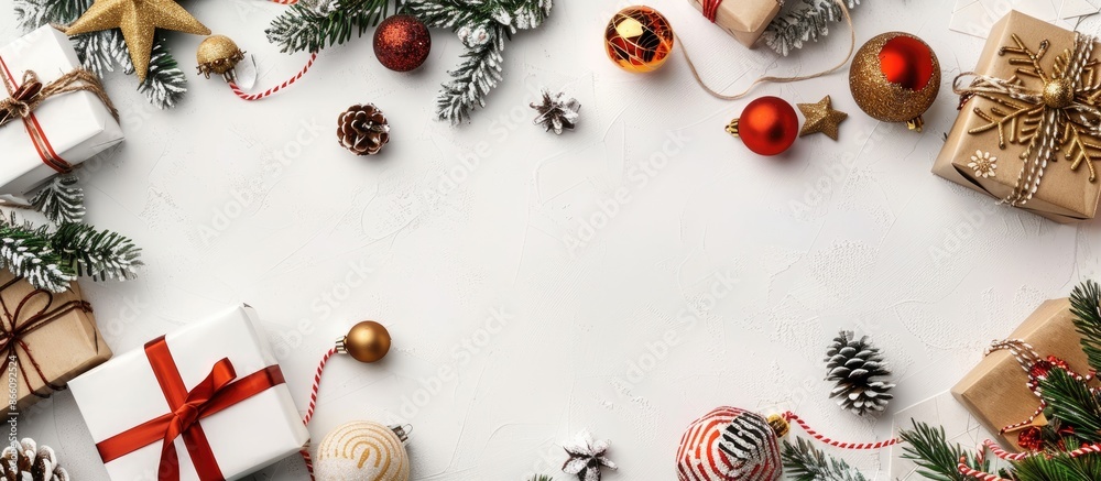 Poster a festive christmas scene with decorations and handmade gifts on a white background seen from above,