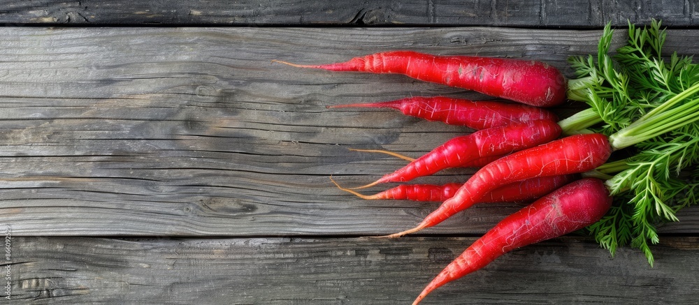 Poster Top view of red carrots on an aged wooden surface with room for text or other elements in the image. Copy space image. Place for adding text and design