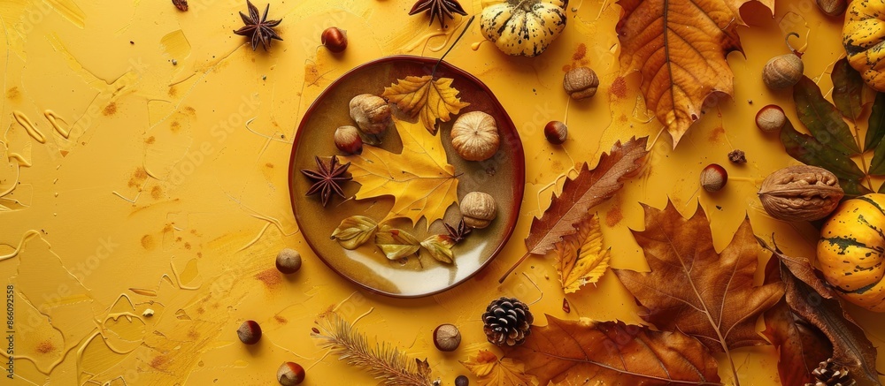 Poster Top view of an artistic fall arrangement with a plate on dry leaves, chestnuts, and various items against a yellow and ocher backdrop, ideal for adding text. Copy space image