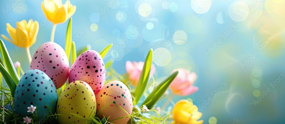 Poster Easter-themed card with minimal design and a Happy Easter greeting on a copy space image.