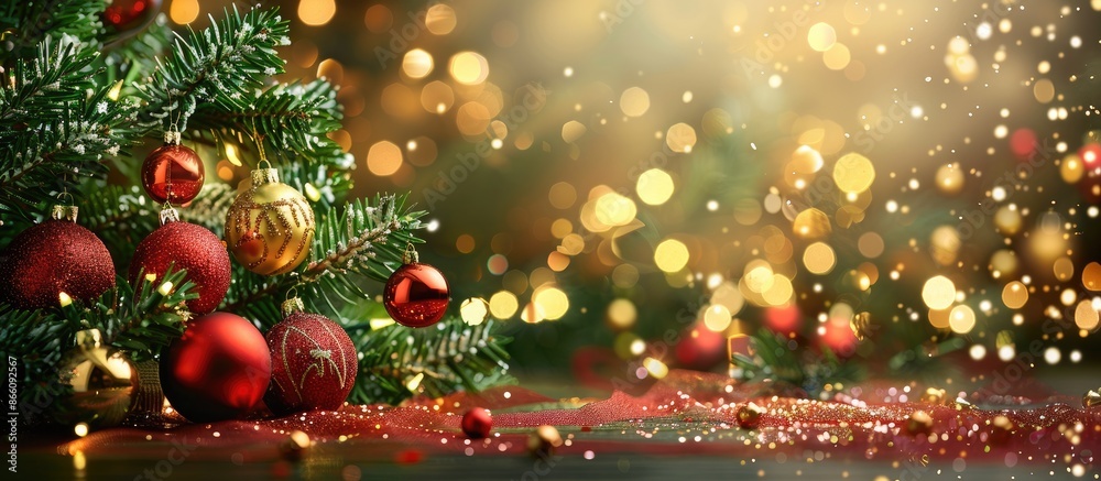 Poster Background for New Year and Christmas with a festive fir tree, ornaments, and space for text. Copy space image. Place for adding text and design