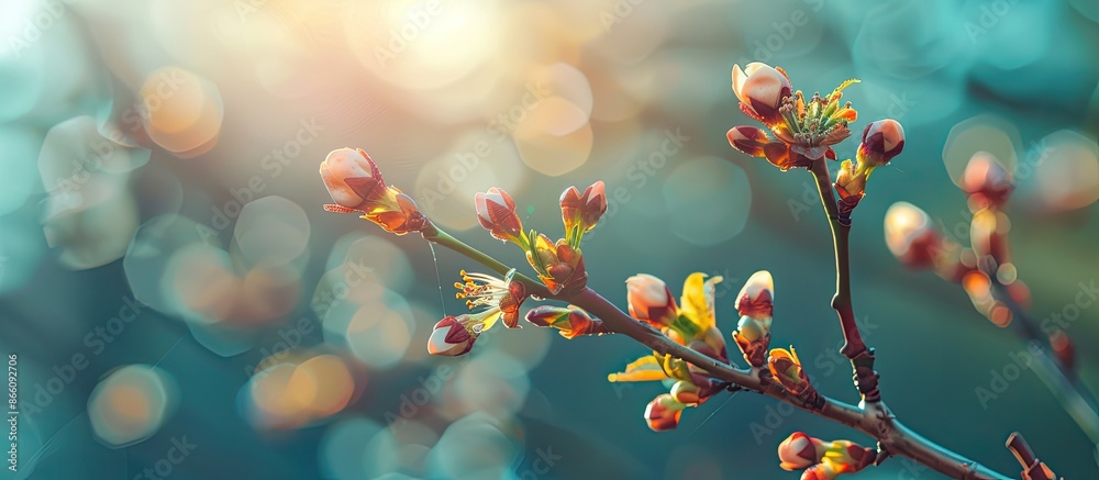 Poster Copy space image showing tree buds blooming in early spring with a blurred background for added focus.