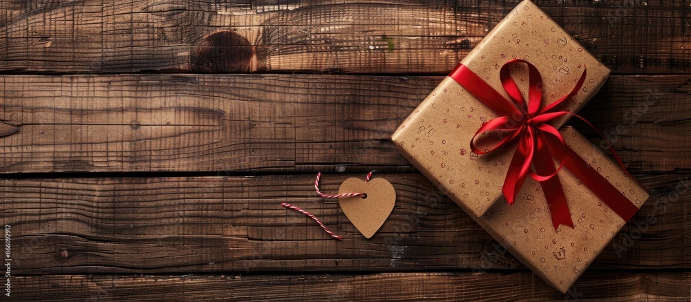 Leinwandbilder gift box in brown with a red ribbon and tag on a wooden background with ample copy space image.