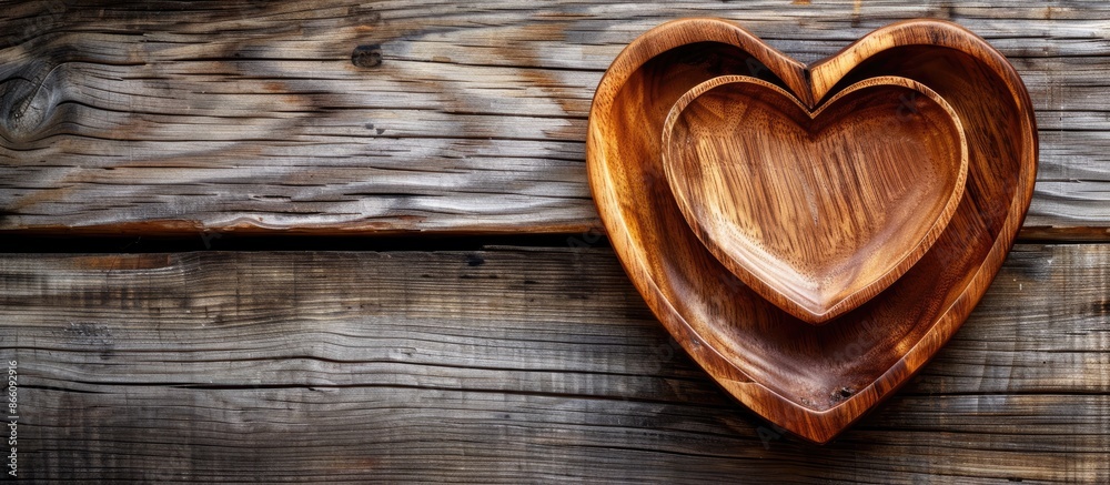 Aufkleber Top view of a heart-shaped wooden plate on a wooden background with copy space image.
