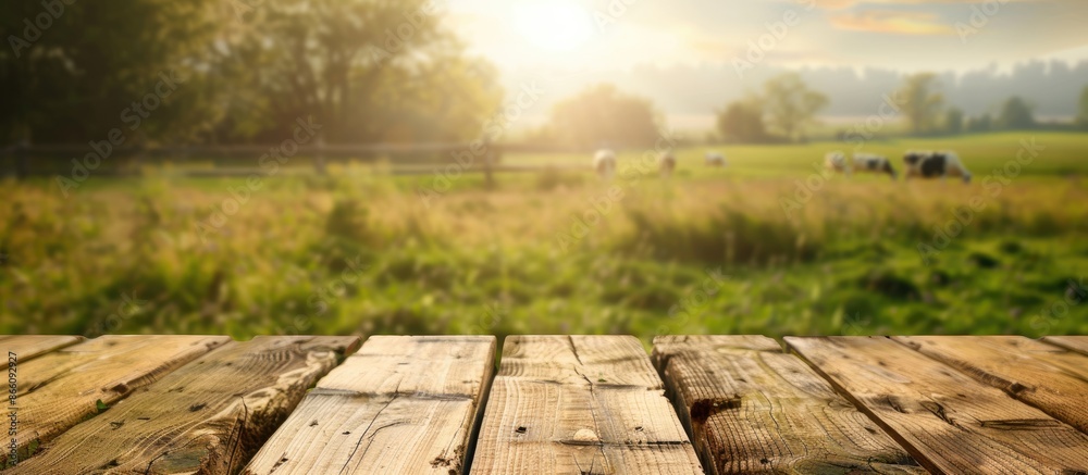 Poster a wooden table set against a backdrop of a blurred grass field and dairy farm, ideal for showcasing 
