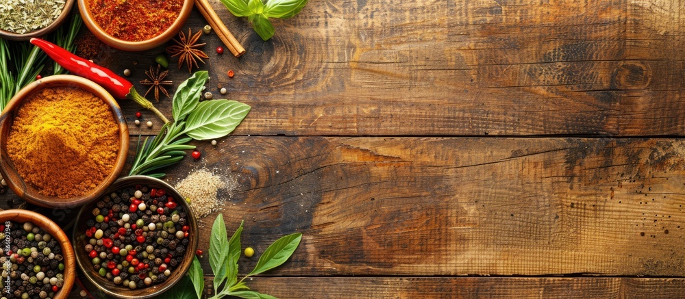 Poster Top view of a wooden table featuring a variety of colorful spices with copy space image.